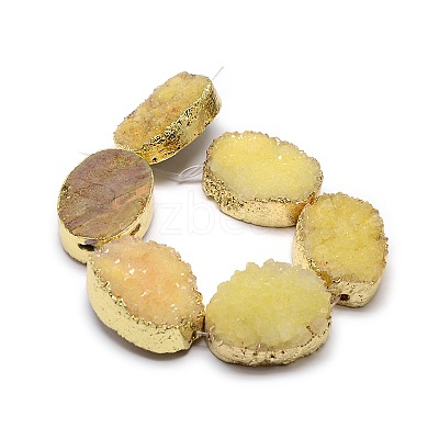 Golden Plated Dyed Oval Natural Drusy Quartz Crystal Beads Strands G-F144-03-1