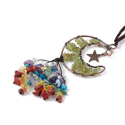 Natural Peridot Moon with Mixed Gemstone Chips Tassel Pendant Decorations G-L524-07R-A09-1