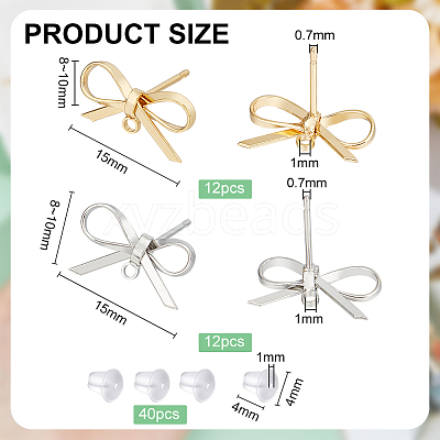 24Pcs 2 Colors Bowknot Brass Stud Earring Findings KK-BC0013-68-1