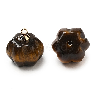 Natural Tiger Eye Pumpkin Charms with Golden Tone Brass Bails G-C158-06G-01-1