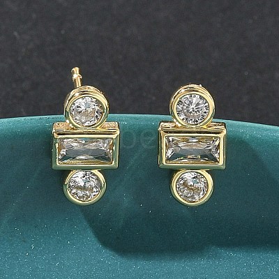 Rectangle with Flat Round Brass Micro Pave Clear Cubic Zirconia Stud Earrings EJEW-G452-12G-1
