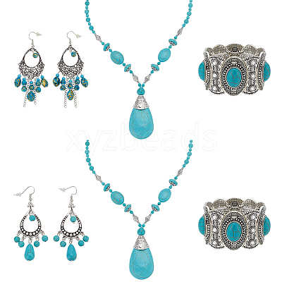 2 Sets 2 Style Synthetic Turquoise Teardrop Lariat Necklace & Chandelier & Oval Beaded Stretch Bracelet SJEW-AN0001-02-1