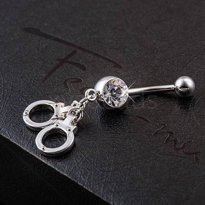 Piercing Jewelry Real Platinum Plated Brass Rhinestone Handcuffs Navel Ring Belly Rings AJEW-EE0001-36-1