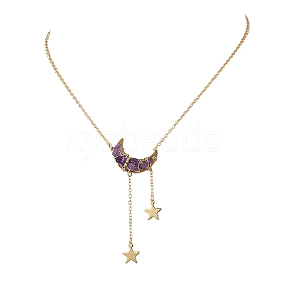 Natural Amethyst Chip Beads Moon Pendant Brass Cable Chain Necklaces for Women NJEW-TA00257-01-1