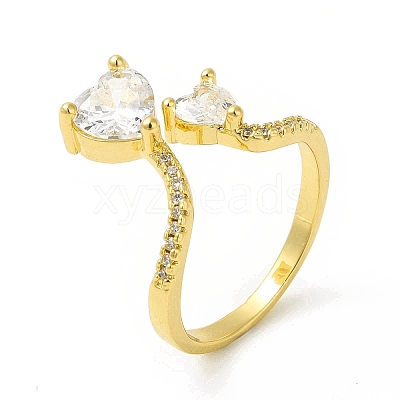 Clear Cubic Zirconia Double Heart Open Cuff Ring RJEW-H120-01G-1