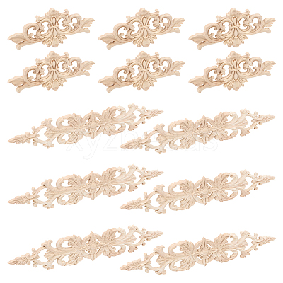 12Pcs 2 Styles Natural Solid Wood Carved Onlay Applique Craft AJEW-AR0005-05-1