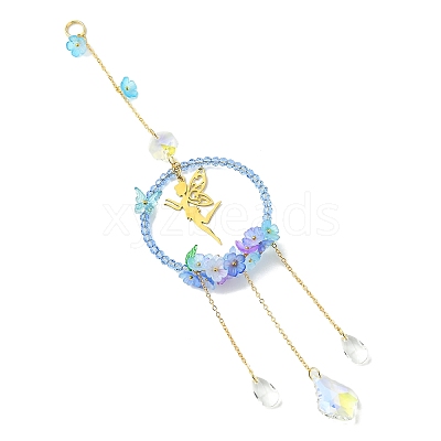 Teardrop Flower Glass & Acrylic Beads Suncatcher with 201 Stainless Steel Fairy Pendants HJEW-JM04988-02-1