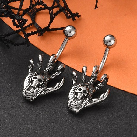 Skull Devil Hand 316 Surgical Stainless Steel Belly Button Rings EJEW-G416-12AS-1