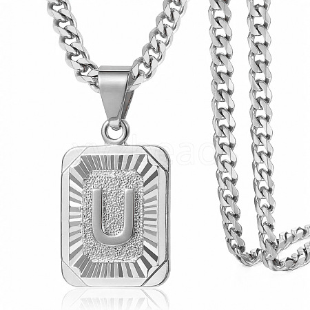 Rectangle with Letter Pattern 304 Stainless Steel Pendant Necklaces FS-WGFC766-42-1