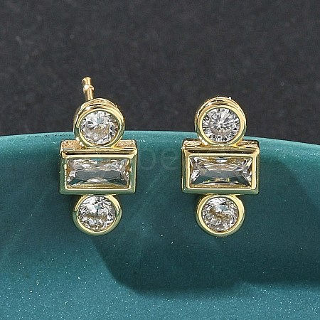 Rectangle with Flat Round Brass Micro Pave Clear Cubic Zirconia Stud Earrings EJEW-G452-12G-1