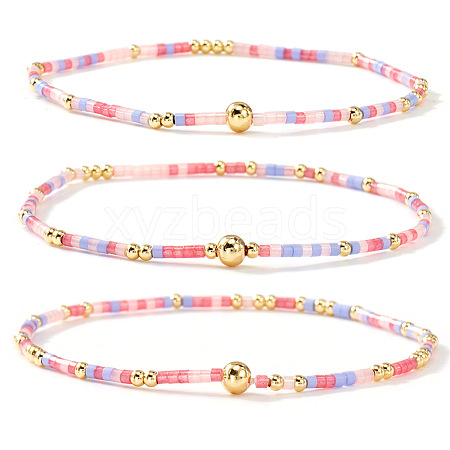 Boho Round Brass and Glass Seed Beaded Stretch Stackable Bracelet Sets BP2363-2-1