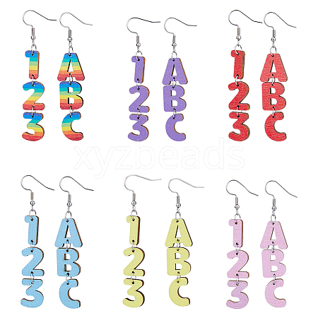 FIBLOOM 6 Sets 6 Colors Wood Dangle Earrings with Iron Pins EJEW-FI0003-27-1