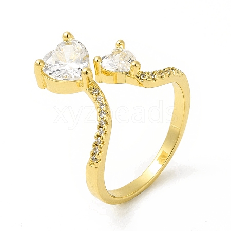 Clear Cubic Zirconia Double Heart Open Cuff Ring RJEW-H120-01G-1
