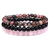 3Pcs 3 Style Natural Rhodonite & Black Agate & Rose Quartz Round Beaded Stretch Bracelets Set PW23030761414-1