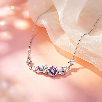 Brass Pave Purple Cubic Zirconia Flower Pendant Necklaces for Women WGF8B23-01-1