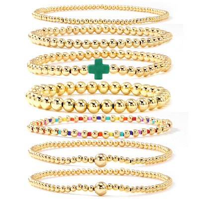 7Pcs Brass Round Beaded Bracelets for Women SB9067-1-1