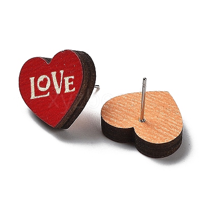 Valentine's Day Theme Printing Wood Stud Earrings for Women EJEW-B029-03-1