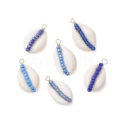 6Pcs 6 Styles Natural Cowrie Shell & Glass Seed Beads Pendants PALLOY-JF02759-07-1