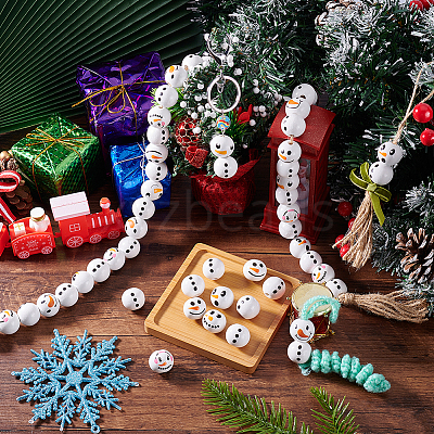 Round Christmas Snowman Print Wood European Beads WOOD-PH0003-25-1
