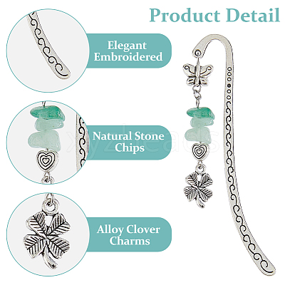 12Pcs 4 Styles Natural Rose Quartz & Green Aventurine & Amethyst & Red Agate Chips & Alloy Clover Charms Bookmarks AJEW-HS00008-1