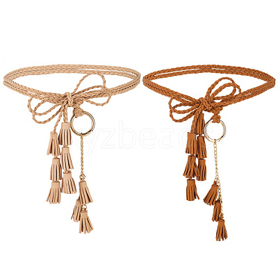 2Pcs 2 Colors Bohemian Imitation Leather Tassel with Alloy Ring Waist Chain Belts for Women AJEW-CL0005-22A-1