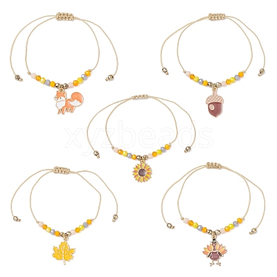 Thanksgiving Day Glass Beaded Braided Link Charm Bracelets BJEW-JB12560-1