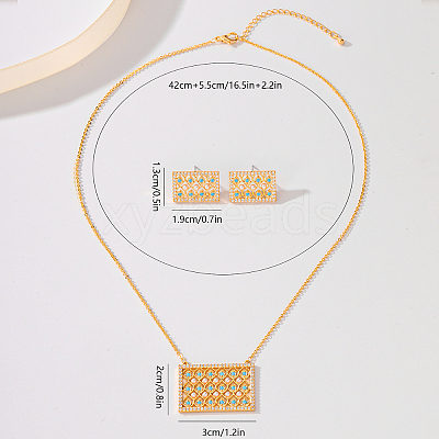 Brass Micro Pave Clear Cubic Zirconia Rectangle Pendant Necklaces & Stud Earrings Sets for Women LN2687-1