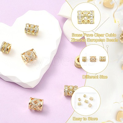 6Pcs 3 Styles Brass Pave Clear Cubic Zirconia European Beads KK-CJ0003-08-1