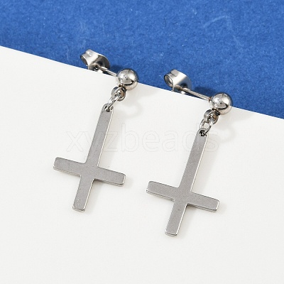 Christian Upside Down Cross 201 Stainless Steel Dangle Stud Earrings LS-EJEW-P314-01A-P-1