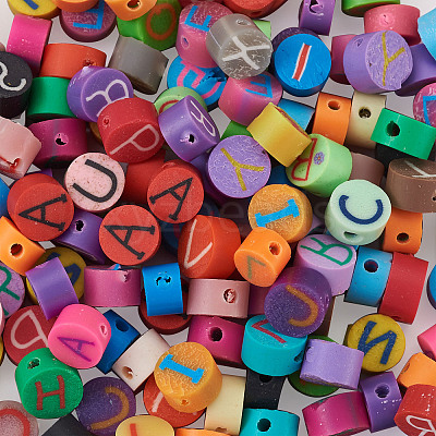 Handmade Polymer Clay Flat Round with Capital Letter Beads CLAY-CW0001-01-1