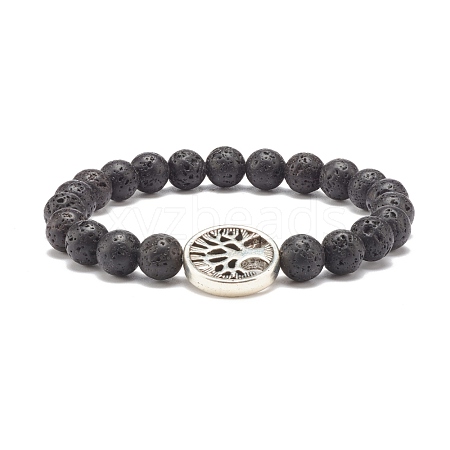 Natural Lava Rock Stretch Bracelet with Tree of Life BJEW-JB07692-1