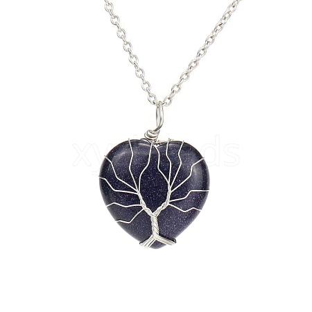 Synthetic Blue Goldstone Heart Pendant Necklaces PW-WG58330-08-1