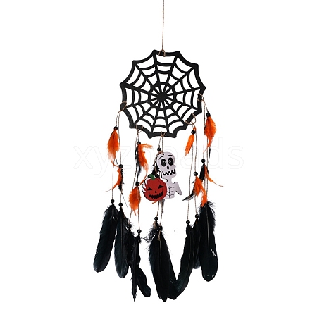 Halloween Theme Woven Net/Web with Feather Hanging Ornaments PW-WG53F30-01-1