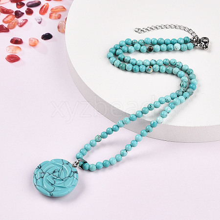 Synthetic Turquoise 4.5mm Round Beaded Flower Pendant Necklaces NJEW-T016-04G-1