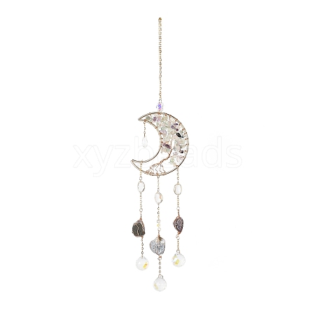 Natural Fluorite Chips Beaded Moon with Tree of Life Hanging Sun Catchers HJEW-M004-12-1