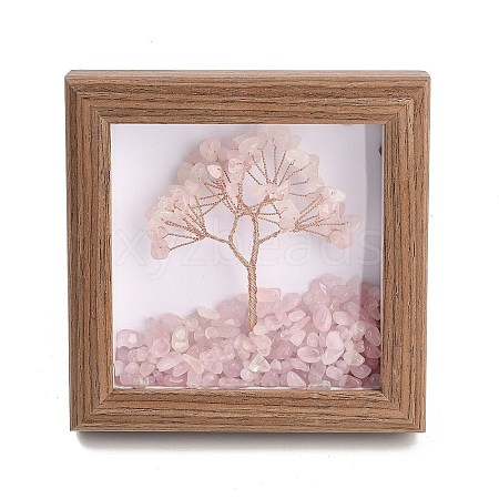 Natural Rose Quartz Chips Tree of Life with Wooden Photo Frame Decorations DJEW-B013-04C-1