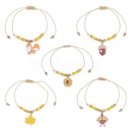 Thanksgiving Day Glass Beaded Braided Link Charm Bracelets BJEW-JB12560-1
