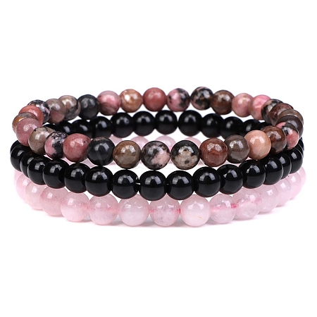 3Pcs 3 Style Natural Rhodonite & Black Agate & Rose Quartz Round Beaded Stretch Bracelets Set PW23030761414-1