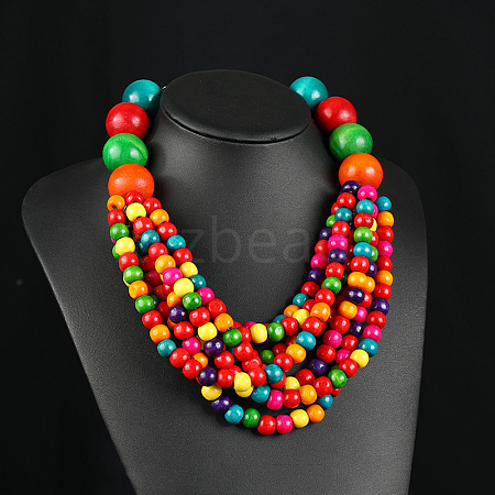 Bohemian Style Round Wood Beaded Multilayer Necklaces for Women WG93846-04-1