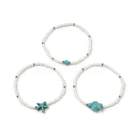 3Pcs 3 Style Synthetic Turquoise & Glass Seed Beaded Stretch Bracelets Set BJEW-TA00375-01-1