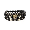 3Pcs 3 Style Natural Obsidian & Lava Rock & Synthetic Hematite Brass Beaded Stretch Bracelets Set BJEW-JB09132-1