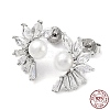 Anti-Tarnish Cubic Zirconia Flower with Natural Pearl Stud Earrings EJEW-F318-13P-1