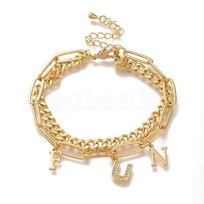 Word Fun Brass Micro Pave Cubic Zirconia Card Paper Chain Bracelets BJEW-L696-103G-1