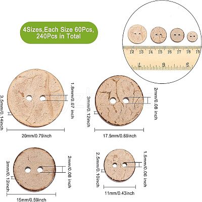 240Pcs 4 Styles 2-Hole Flat Round Coconut Buttons BUTT-CA0001-10-1