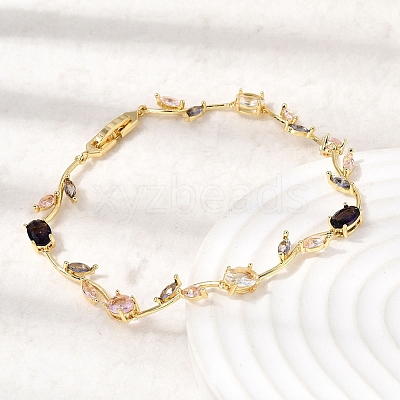 Leaf Brass Micro Pave Cubic Zirconia Link Chain Bracelets for Women BJEW-D455-01G-05-1