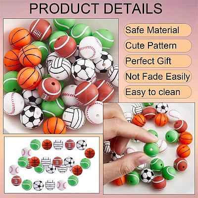 12Pcs 6 Style Basketball/Soccer/Tennis/Baseball/Rugby/Volleyball Silicone Beads JX308A-01-1
