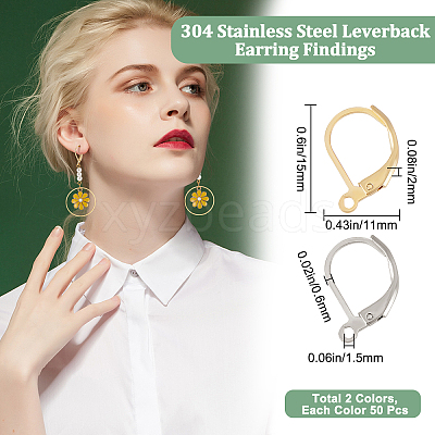 100Pcs 2 Colors 304 Stainless Steel Leverback Earring Findings STAS-BBC0001-56-1