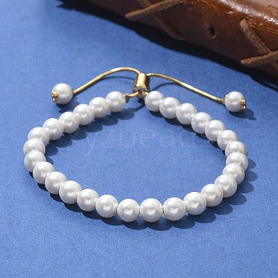 Shell Pearl Beaded Slider Bracelet with Brass Snake Chain X-BJEW-B066-01B-01-1