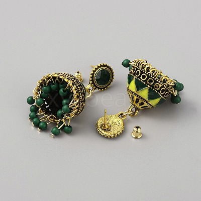 Ethnic Style 3D Enamel Bell with Seed Beeded Dangle Stud Earrings EJEW-WH0047-33A-1
