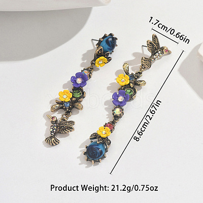 Alloy & Resin & Rhinestone Bird with Flower Stud Dangle Earrings for Women WG2278B-01-1